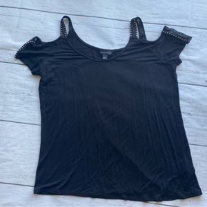 Rock & Republic Black Top Studded Shirt Open Shoulder Large